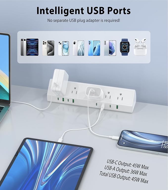 Jgstkcity Desk Clamp Power Strip USB C 45W,8 USB,10FT Cable,White | 4 USB-C,Edge Mount,1875W Extension Cord,15A Switch,ETL Listed,Office,Gaming,Dorm - Image 3