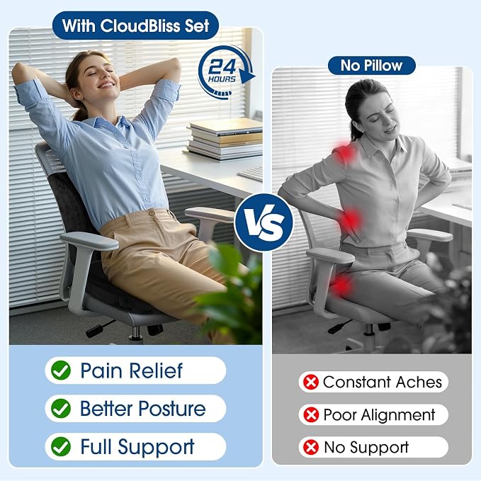 CloudBliss Ergonomic Seat Cushion & Lumbar Support Pillow Set, Black, XL | Back Pain & Sciatica Relief, Memory Foam Support, Adjustable Straps, Machine Washable Velvet, Perfect for Office, Car, Gaming - Image 8