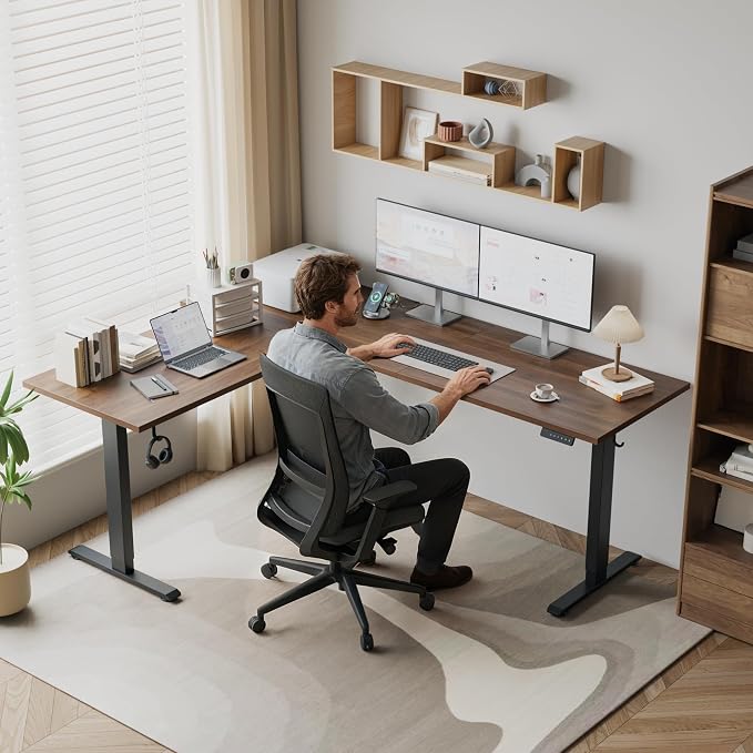 Klicelor L Shaped Standing Desk 63 x 55.1 Inch Dual Motors, Electric Height Adjustable Corner Desk for Home Office Workstation, Ergonomic Sit Stand Computer Table with Memory Controller, Dark Walnut - Image 2