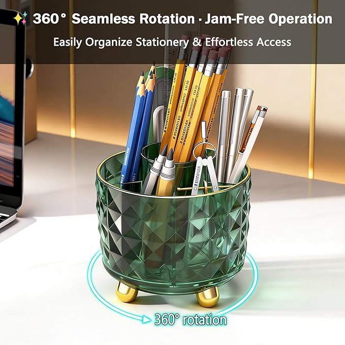 GOTOBA Dark Green Pen Pencil Holder for Desk, 360° Rotating Pen Organizer, Green Office Supplies, Cute Pen Holder, 6-Compartment Pencil Holder Rotating - Image 2