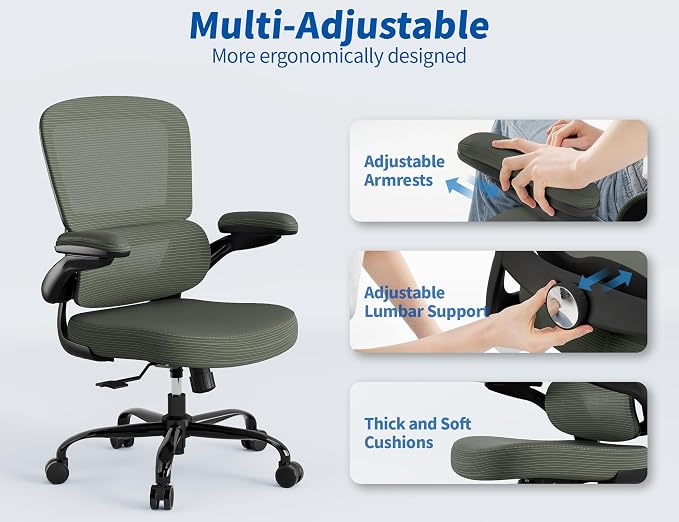 TRALT Ergonomic Office Chair Desk Chair with Adjustable Lumbar Support | Desk Chair Comfy with Flip-up Armrests Ergonomic Chair - Mesh Computer Chairs for Adults, 330lbs, PU Leather (Dark Green, 1) - Image 5