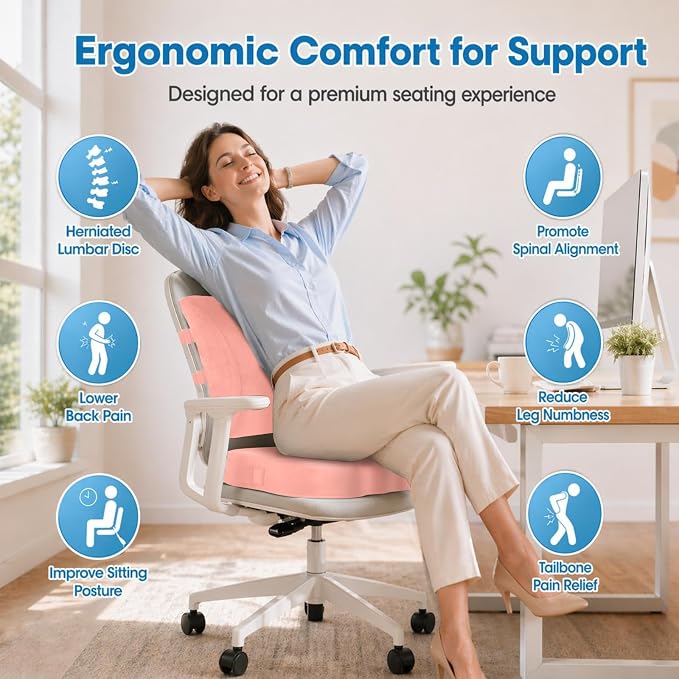 CloudBliss Ergonomic Seat Cushion & Lumbar Support Pillow Set, Pink, Large | Back Pain & Sciatica Relief, Memory Foam Support, Adjustable Straps, Machine Washable Velvet, Perfect for Office, Car, Gaming - Image 2