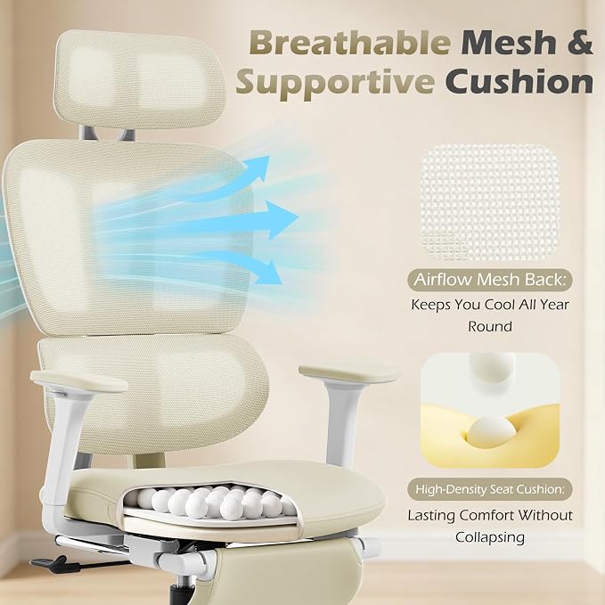 Ergonomic Office Chair with Footrest and Dynamic Lumbar Support, Cream | Reclining high-back computer chair, memory foam seat, 2D armrests, 2D headrest, mesh desk chair for home office, long hours - Image 7