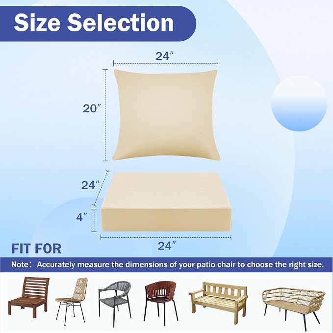 IASEAHK Outdoor Seat Cushion Set, Waterproof & Fade Resistant Patio Chair Cushions, Outdoors Cushion for Patio Furniture, 24 x 24 x 4 Inch, Outdoor Couch Cushions with Handle and Ties, Light Khaki - Image 2