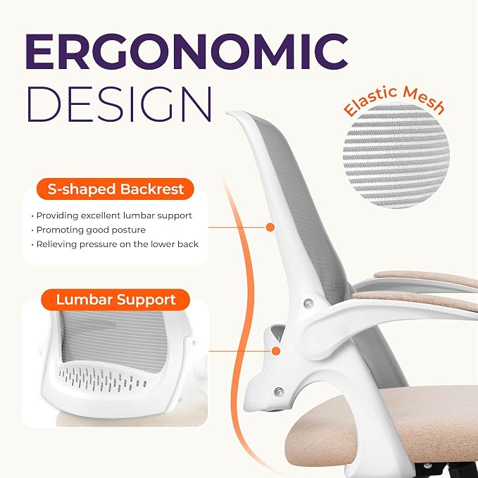 NEO CHAIR Office Desk Chair, Ergonomic Mesh with Flip-Up Armrests, Beige | Lumbar Support, Height Adjustment, 360° Swivel and Rolling Base, Space-Saving Design for Home Office, Vanity or Study - Image 3