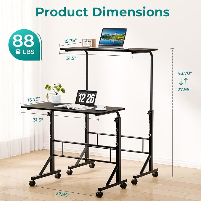 OLIXIS 31.5" Walking Pad Desk, Laptop Desk, Home Office | Lockable Wheels, Adjustable Height, Portable Rolling Design, Treadmill Use, Stand Up Style, Black - Image 3