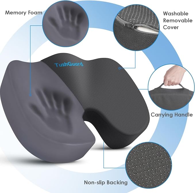 Seat Cushion for Office Chair, Car, Memory Foam, Grey Large | For Back, Coccyx, Sciatica, Tailbone Pain, Ergonomic Design, Non-Slip, Desk Wheelchair Use, Supportive Butt Pillow, For Man - Image 3