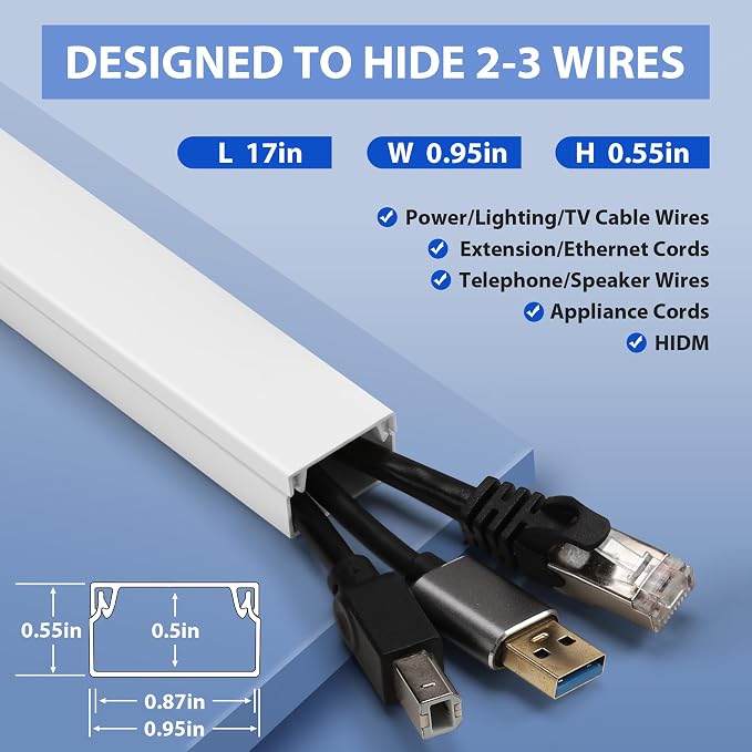 170in Wall Cable Hider Kit, Cord Hider Wall Cord Cover for 2-3 Cords | Wire Hiders for TV on Wall, White Wall Cable Management Kit, Paintable Wall Wire Cover 10 x L17in W0.95in H0.55in - Image 2