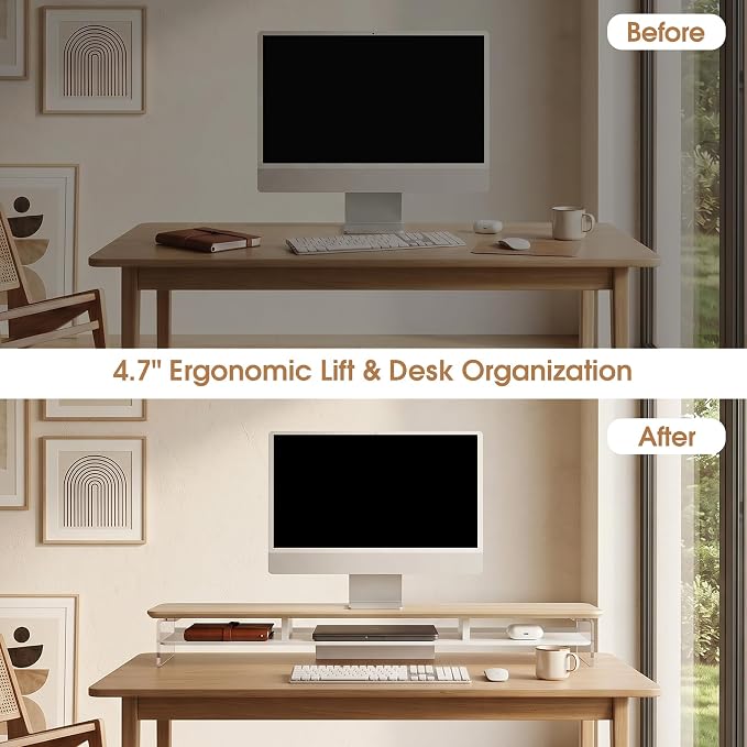 Fenge 42.5" Dual Monitor Stand with Clear Acrylic Legs, Oak | Clear Acrylic, Storage Compartment, 2-tier Home Office Monitor Riser, Wide Large Desktop Shelf Fit Monitor/Laptop/Printer - Image 8