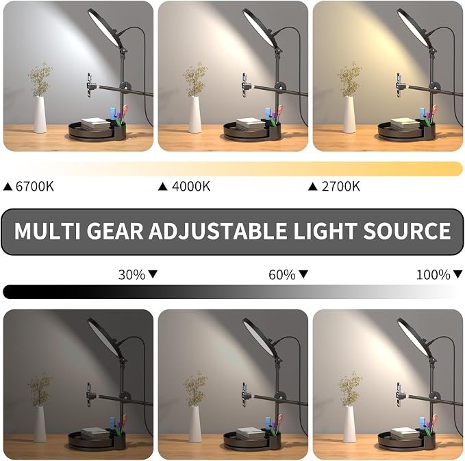 Selfie Light Kit for Desk and Laptop,55W Dimmable Full Screen Ring Light,with Rotating Storage Box,Pen Holder Stand,Phone Holder and Controller (White, 10.5) - Image 2