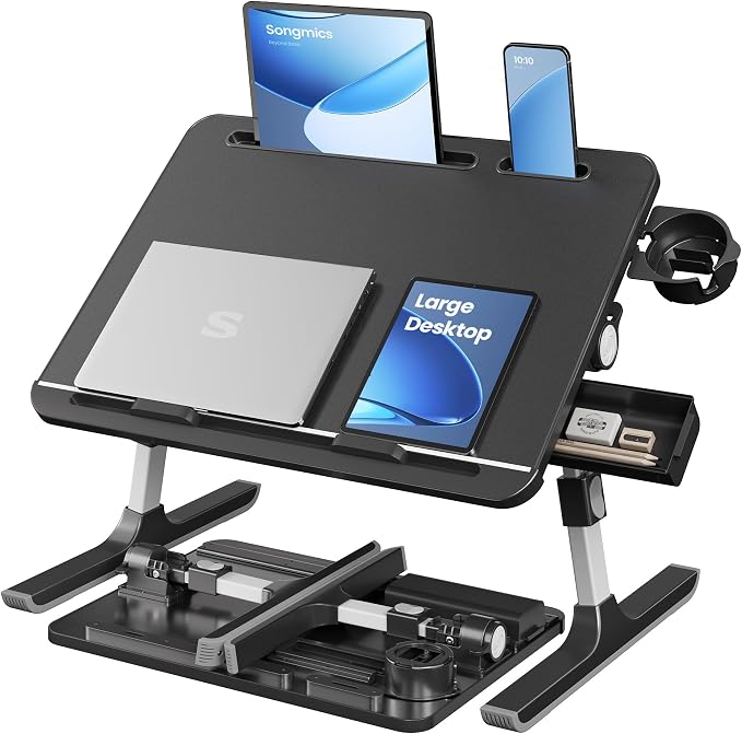 SONGMICS Bed Laptop Desk, Foldable Bed Desk for Laptop, 15.7 x 22 Inches Large Desktop, 120° Stepless Tilt, Adjustable Height, Cup Holder, Tray, Portable Bed Sofa Table, Ink Black ULLD113BC01 by Unknown