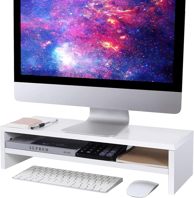 BEYGORM Monitor Stand Riser, White, 21.6 inch, 2 Tiers Wood Desk Shelf | For Full Keyboard, Computer Screen Stand with Storage for Desktop Laptop/Screen/TV/PC/Printer 21.6"L x 7.8"W x 5.2"H by BEYGORM
