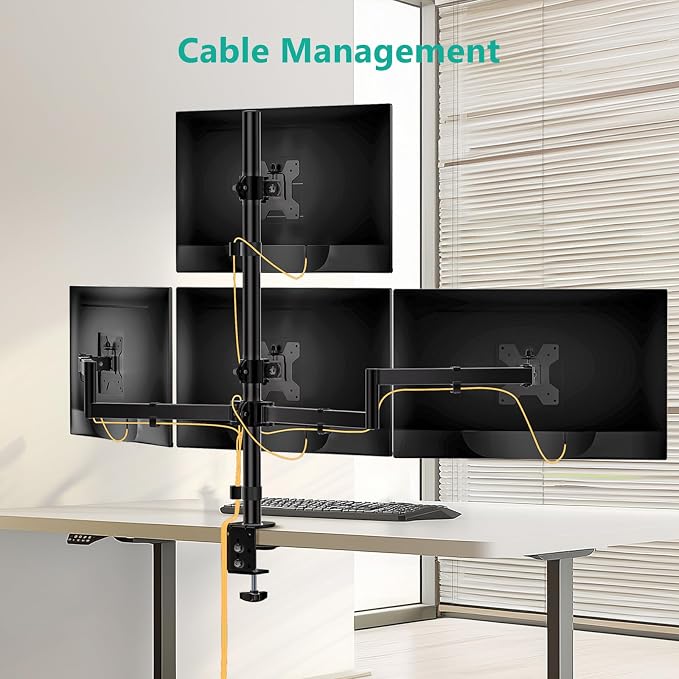 WALI Stacked 4 Monitor Mount for 13-27 inch Screens, up to 22 lbs per Arm | Quad Monitor Stand for Desk, Full Motion with Tilt, Swivel, Rotation, C-Clamp & Grommet Base, VESA 75/100mm (M004S), Black - Image 6