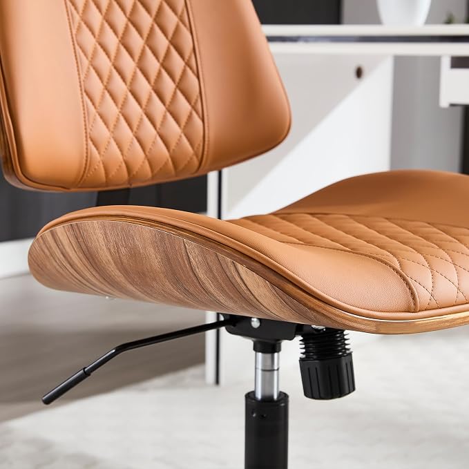 Home Office Chair No Arms with Wheels, Mid Back Walnut Style, Brown | Adjustable Height PU Leather Mid Back Support, 360 Swivel Computer Small Desk Seat, Armless Walnut Office Chair, 300LBS Cap - Image 3