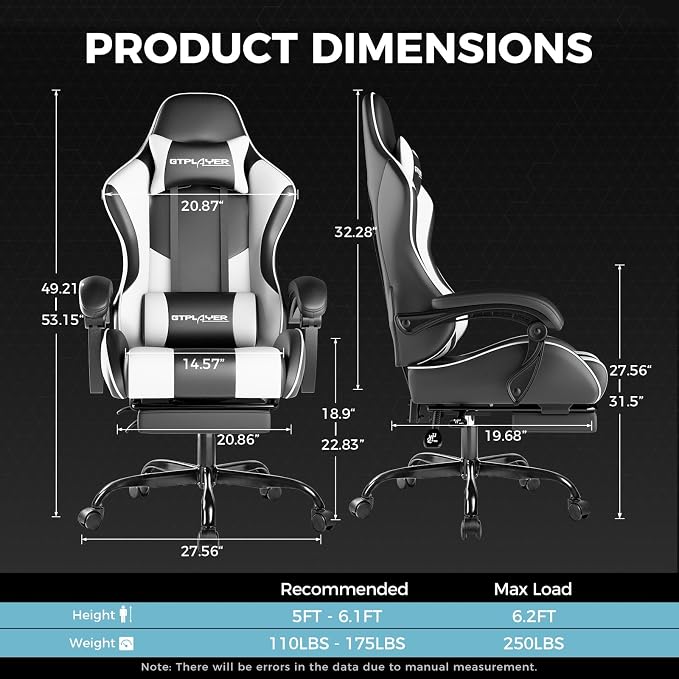 GTPLAYER Gaming Chair, Computer Chair with Footrest and Lumbar Support, Height Adjustable Game Chair with 360°-Swivel Seat and Headrest and for Office or Gaming (White) - Image 3