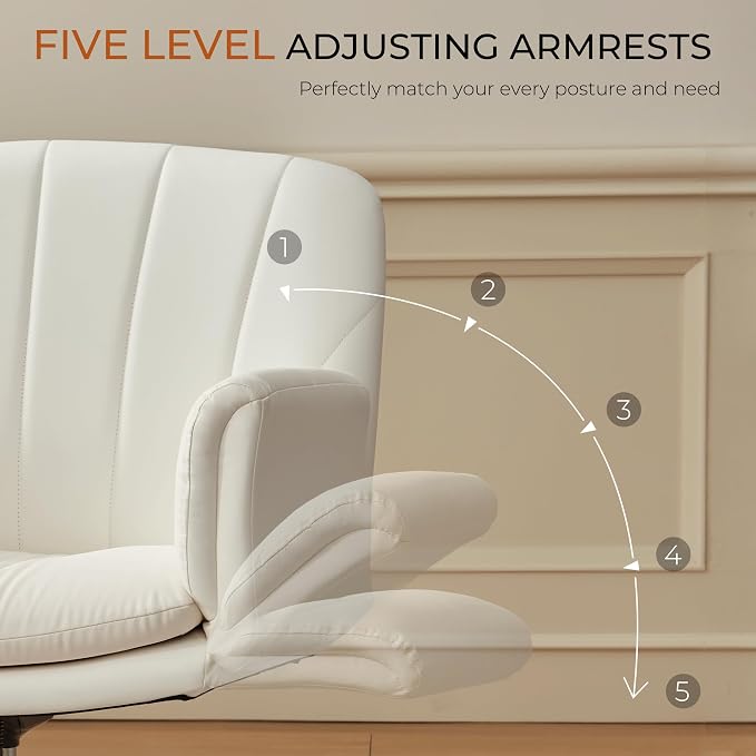 Dowinx Criss Cross Chair with Five-Level Adjustable Arms and Wheels - Comfortable Ergonomic PU Leather Swivel Vanity Chair - Computer Makeup Chair for Home Office, Bedroom, Vanity Room -Milk White - Image 6