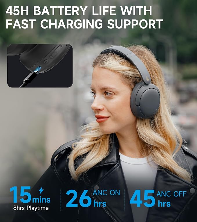 Edifier W800BT Pro Hybrid Active Noise Cancelling Over Ear Headphone, Gray | Bluetooth 5.4, Hi-Res Audio, AI Call Noise Cancellation, 45H Playtime, Fast Charging, Foldable, Wireless Over-Ear Headphones - Image 7