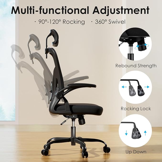 Farini Ergonomic Office Chairs with Headrest, Set of 4, Black & Black | High Back Swivel Computer Chair, Adjustable Armrests and Lumbar Support,Desk Chair for Home Office Bedroom - Image 5