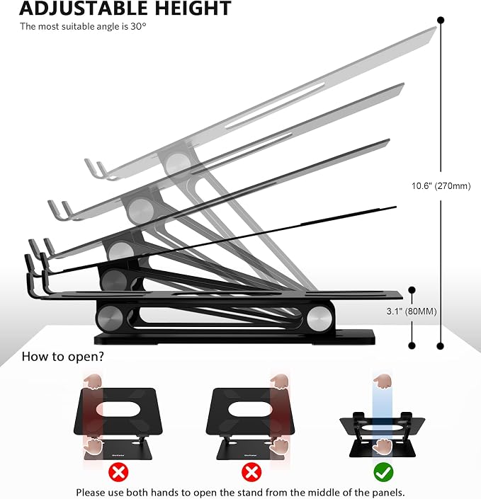 BoYata Laptop Stand, Adjustable Multi-Angle Riser, Up to 17 Inches, Black | Sturdy Alloy Steel, Heat-Vent Design and Silicone Pads Support Laptops up to 17 Inches, Including MacBook and Surface - Image 3