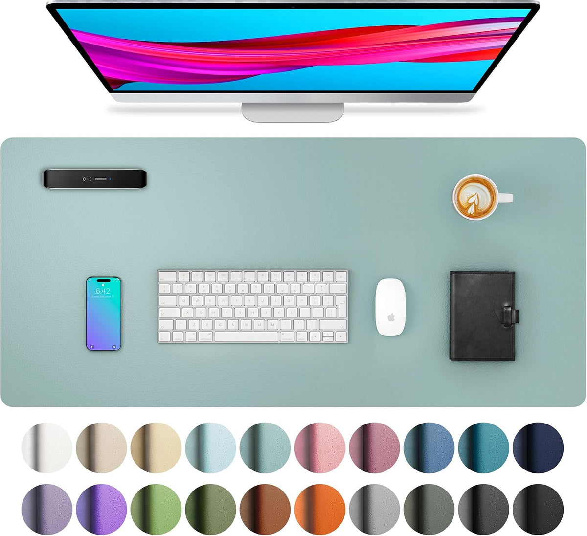Aothia Leather Desk Pad Protector, Mouse Pad, Office Desk Mat, Non-Slip PU Leather Desk Blotter, Laptop Desk Pad, Waterproof Desk Writing Pad for Office and Home (23.6" x 13.7", Light Blue) by Aothia