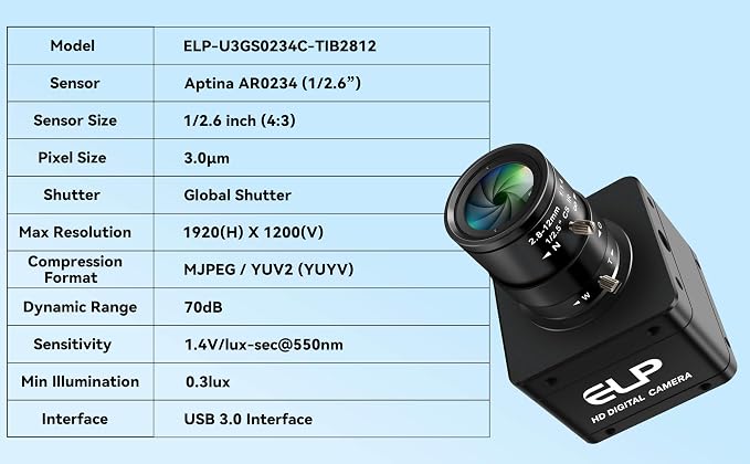 Global Shutter Color USB3.0 Camera,120FPS 200FPS Ultra High Frame Rate Webcam,1920x1200 Max Resolution with 2.8-12mm 4X Manual Zoom Lens,Plug and Play for High Speed Motion Analysis 3D Printer - Image 9