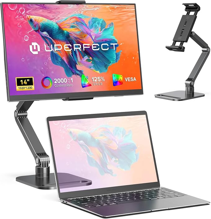 UPERFECT Portable Monitor, 14" 1200P Ultra-Slim Laptop Display | 125% sRGB Color, 2000:1 Contrast, VESA Support, Stand Included, USB-C & Mini HDMI External Screen for Laptop, Gaming & Travel by UPERFECT