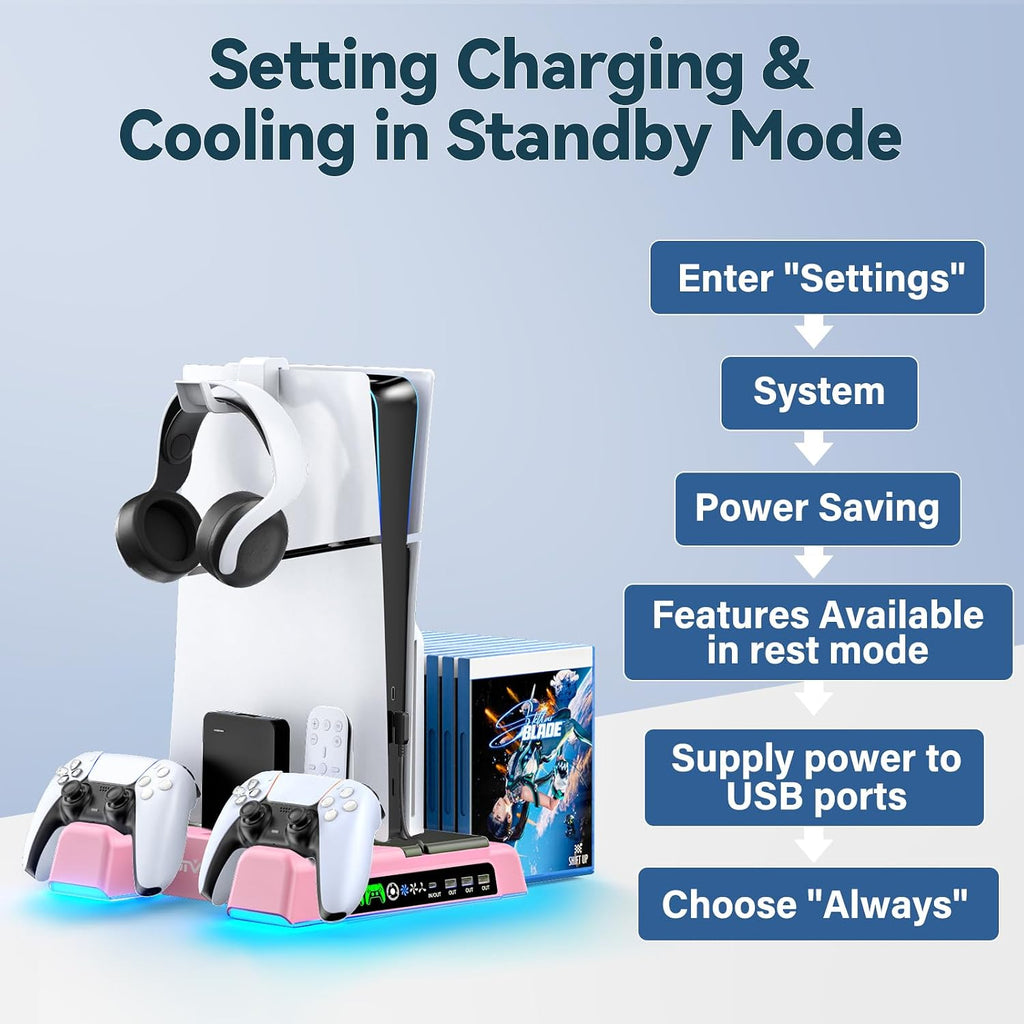 OIVO P 5/Slim/Pro Stand and Cooling Station with LED Controller Charging Station for P 5 Console, Controller Charger, Cooling Stand, P5/Slim/Pro Skin Accessories Kit with 3 Level Cooler Fan, Pink - Image 6