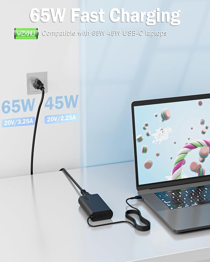 WZXHU 65W USB C Laptop Charger for Lenovo ThinkPad Yoga ThinkBook | Compatible with ThinkPad X1 Carbon T14 E14 E16, Yoga 7i 9i, ThinkBook 14 15, Chromebook, Fast Charge Slim Travel Type C Cord - Image 2