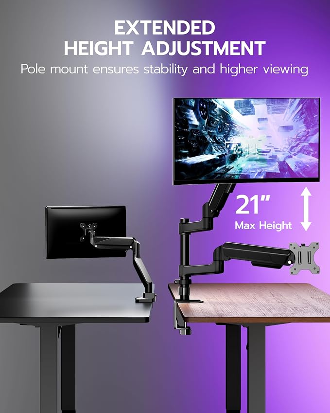 ARES WING Single Monitor Mount - 17 to 40 Inch Screen Monitor Arm, Black | Ultrawide Monitor Arm for Heavy Duty Curved Screen up to 26.4 lbs with Clamp/Grommet Desk Mount, 75/100 Vesa Mount - Image 5
