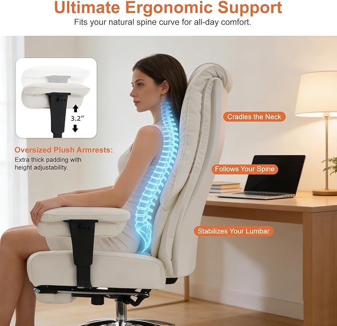 EXCEBET Big and Tall Executive Office Chair 400lbs Wide Seat, PU White | Wide seat, Retractable footrest, 135° recline, Lumbar support, PU leather, Ergonomic high back for lower back pain relief - Image 5
