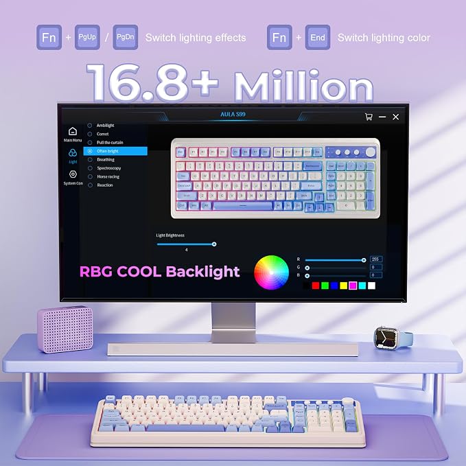 AULA 99 Key Purple Keyboard, Wireless Gaming Keyboard with Number Pad | RGB Backlit,Programmable,Creamy Sounding,Tri-Mode BT/2.4GHz/USB-C,2000mAh Membrane Keyboard,Thocky Computer Keyboards - Image 6