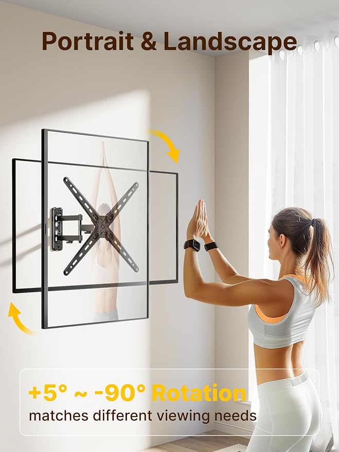 monTEK Full Motion TV Wall Mount for 13-55 Inch TVs up to 55 lb | ±90° swivel, landscape/portrait rotation and 14.4 in extension; 4X load tested, VESA 75x75 to 400x400 mm, single-stud mount - Image 3