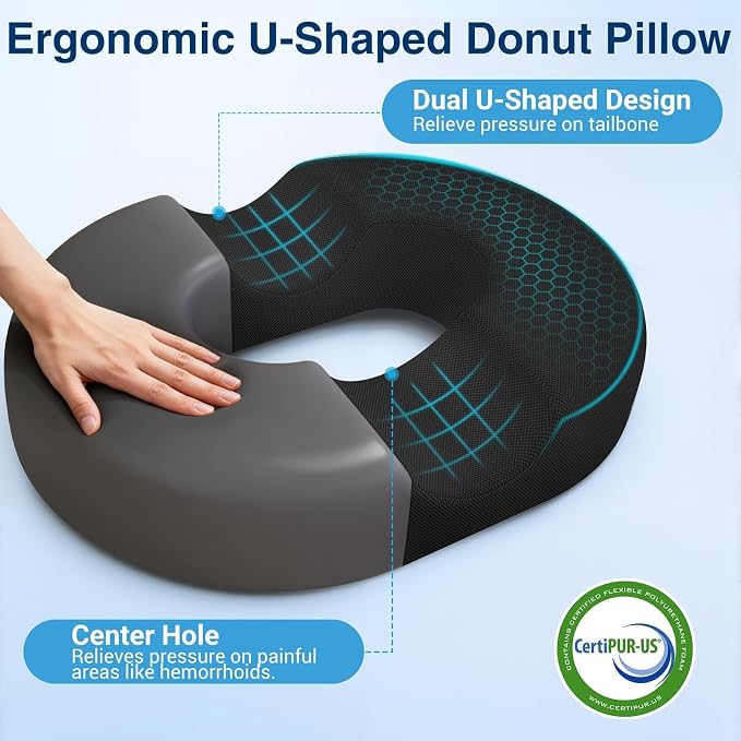 Donut Seat Cushion, Hemorrhoid Pillow, Office Chair Cushion, Black, Large | Ergonomic Design, Breathable Cover, for Tailbone Pain, Hemorrhoids & Long Sitting Hours, for Home & Office, - Image 5