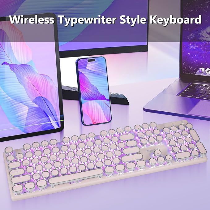 Redragon K710 Wireless Typewriter Mechanical Gaming Keyboard, Pink | Bluetooth/2.4Ghz/Wired, RGB Led Backlit, Blue Switch - Clicky, Rechargeable 4000mAh, Solid Metal Panel, Round Keycaps - Image 9
