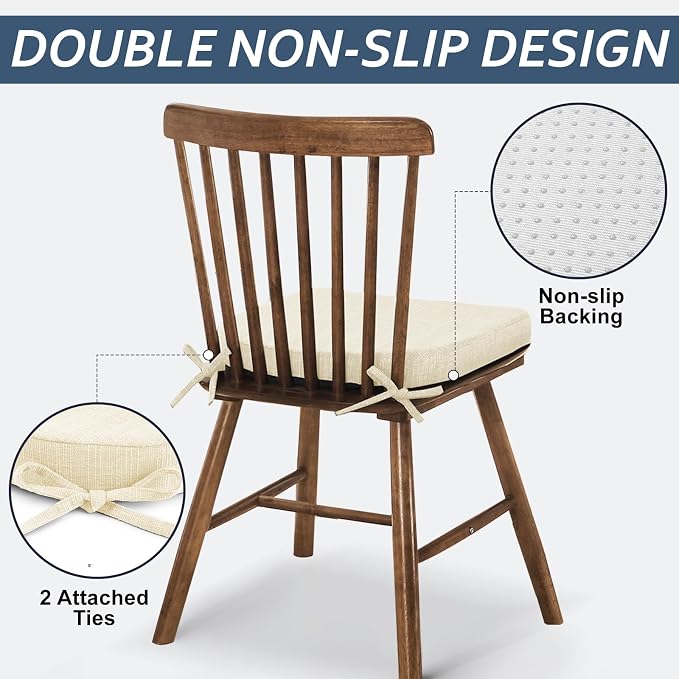 Basic Beyond Chair Cushions for Dining Chairs 4 Pack, Kitchen Chair Cushions with Ties and Non Slip Backing, 16 x 16 inches Chair Pads for Dining Chairs (Beige) - Image 3
