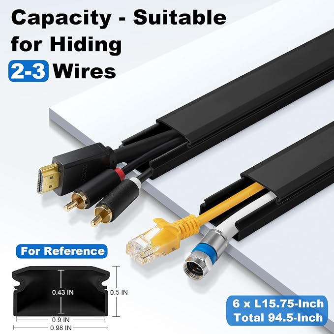 ZhiYo Cord Cover Wall Kit, 94.5in Cord Hider Wall Mounted TV, Self-Adhesive Wire Covers for Cords, Paintable Wire Hiders Cable Raceway Kit, Cable Concealer, 6 x L15.7in W0.98 H0.5in, Black - Image 2