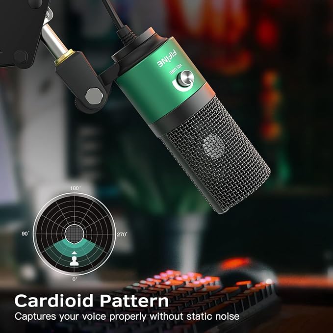 FIFINE K669 Green USB Condenser Microphone for Recording, Video Conference | Computer PC Mic with Gain Control, USB Cable for Streaming, Podcasting, Twitch, Discord - Image 6