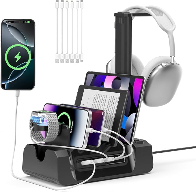KDD Charging Station with 6 Charging Cables - Fast Charging 6 in 1 Cellphone Charging Dock with Headphone Stand and Watch Holder - 2 AC&USB A&USB C, Storage Station for Smartphone,Tablets, AppleWatch by KDD