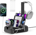 KDD Charging Station with 6 Charging Cables - Fast Charging 6 in 1 Cellphone Charging Dock with Headphone Stand and Watch Holder - 2 AC&USB A&USB C, Storage Station for Smartphone,Tablets, AppleWatch by KDD