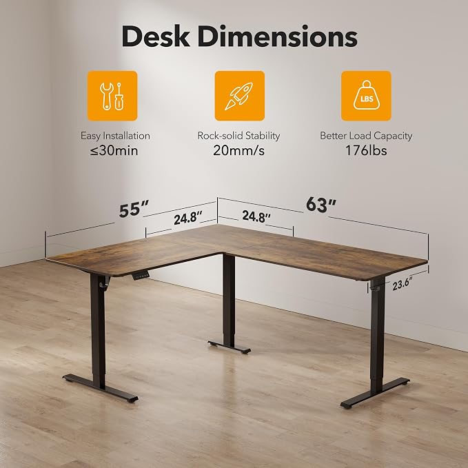 Cubiker L Shaped Standing Desk - 63 x 55 Inch Electric Adjustable Height Corner Standing Desk, Ergonomic Sit Stand Up Table, Splice Board for Home Office, Rustic Brown - Image 3