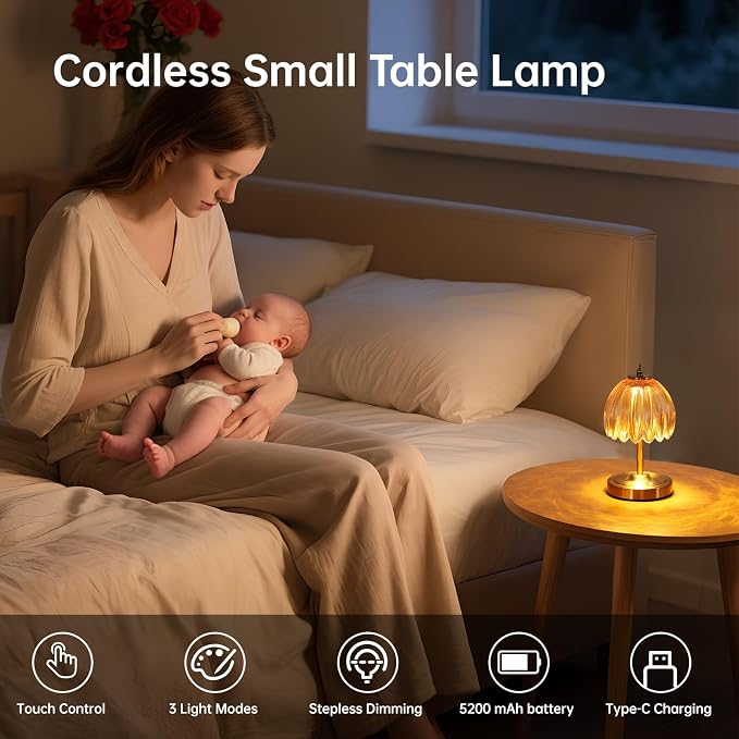 Shenmoyl Set of 2 Tulip Table Lamp with 5200mAh Battery & Touch Control, Cordless Small Table Lamp with 3 Colors, Rechargeable Battery Operated Table Lamps for Nightstand, Bedroom (Amber Tulip) - Image 2