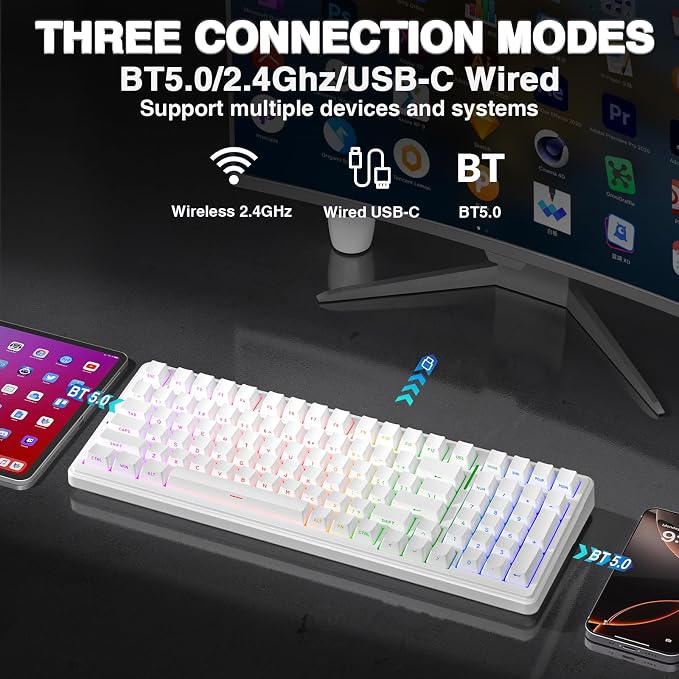 AULA F99 Wireless Mechanical Keyboard,Triple-Mode(BT5.0/2.4GHz/USB-C),Gasket Mounted Creamy Keyboard with Linear Switches, Side Printed PBT Keycaps,RGB Backlit PC Gaming Keyboards for Win/Mac - Image 3