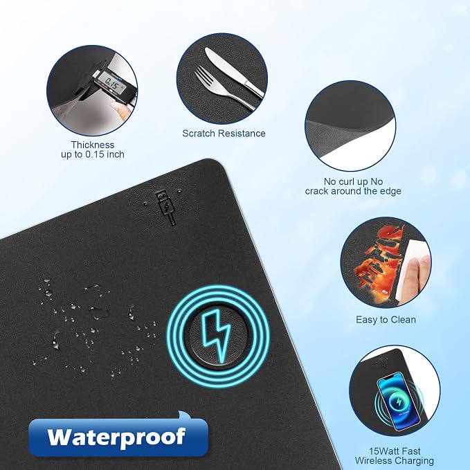 Wireless Charging Desk Mat, Mouse Pad,Black-R, 36 * 17 inch | Desk Pad for Desktop Charging, Large Mouse Pad, Waterproof Leather Computer Mat, Non-Slip Protector, For Keyboard and Mouse - Image 7