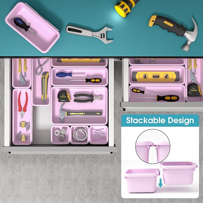 16 PCS Drawer Organizer Set, 4 Size Makeup Drawer Divider Organizer With Non-Slip Pads, Interlocking Plastic Storage Bins for Office,Jewelry Vanity,Gadgets, Bathroom,Kitchen, Purple - Image 5