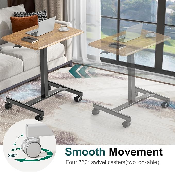 DUMOS Mobile Small Standing Desk, Laptop Desk, Home Office | Portable Rolling Design, 2 Lockable Wheels, Adjustable Height Computer Workstation, 19 Inch, Brown - Image 7