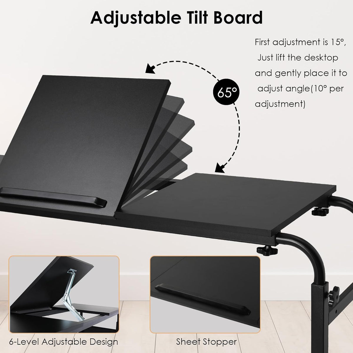 Overbed Table with Wheels,60.6-84.2 inches Mobile Bed Desk, Black - Image 4