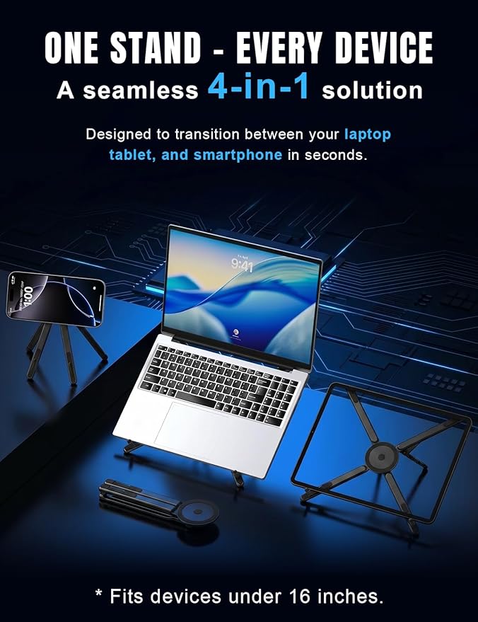 Magnetic Phone Stand & Foldable Laptop Riser, Matte Black Multi-Device Aluminum Desk Mount, N52 MagSafe Tripod Grip for Travel Office, Ergonomic Elevator for MacBook, iPad & iPhone - Image 3