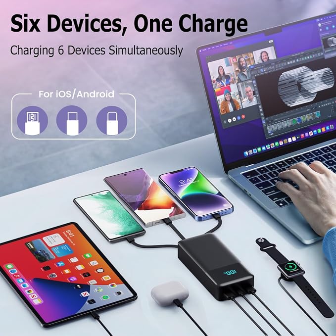 Portable Charger Power Bank 70800mAh,25W USB C Fast Charging Battery Pack with 3 Built in Cables & LED Display,6 Output 2 Input Travel Essentials Phone Charger for iPhone 17/16/15,Android etc (Black) - Image 5