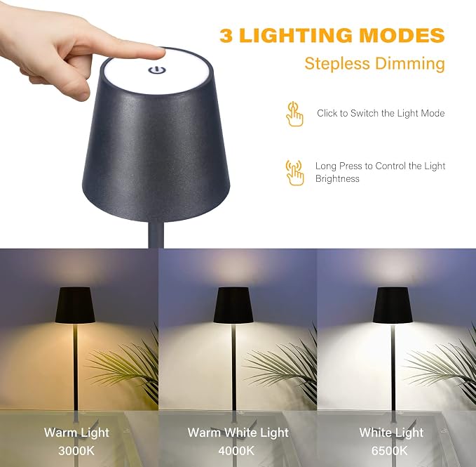 CHLORANTHUS 2 Pack Cordless Table Lamps, 3 Colors Stepless Dimming, 5000mAh Rechargeable Battery LED Desk Lamp for Bedroom/Couple Dinner/Desk/Cafe/Dining Room/Terrace - Image 2