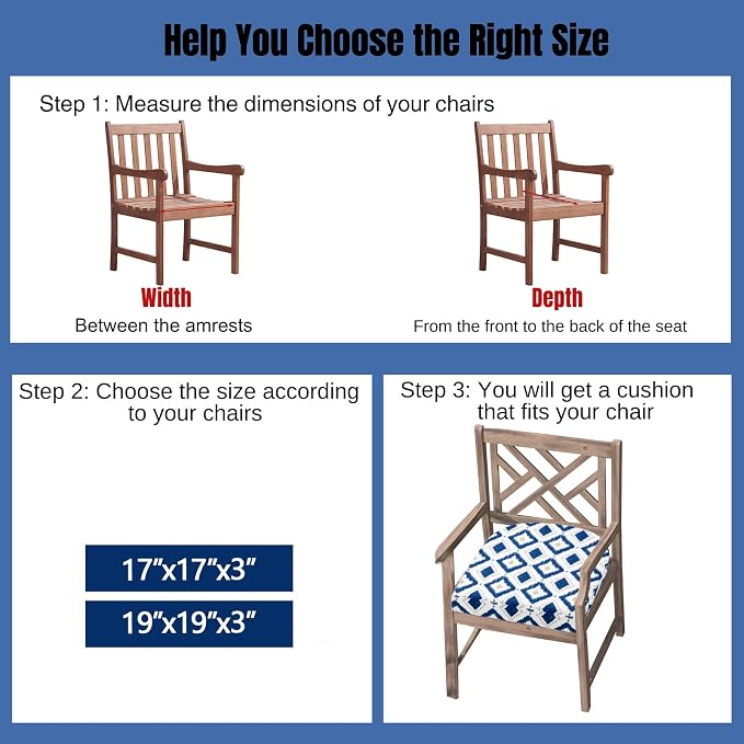 idee-home Outdoor Chair Cushions Set of 2, 17 x 17 Outdoor Seat Cushions | Patio Chair Cushions for Outdoor Furniture Waterproof with Ties, Outdoor Seat Cushion, Patio Chair Pads Dining Chair - Image 4